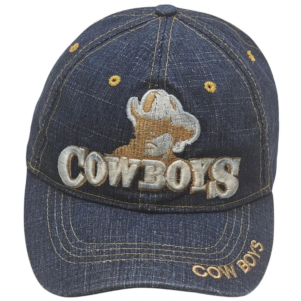 Denim Cowboys Baseball Cap Embroidered Logo Adjustable Strap Distressed One Size